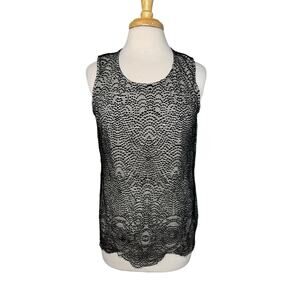 CHICOS Lace Layered Sleeveless Top Black Beige Size Medium (1) Womens Crochet